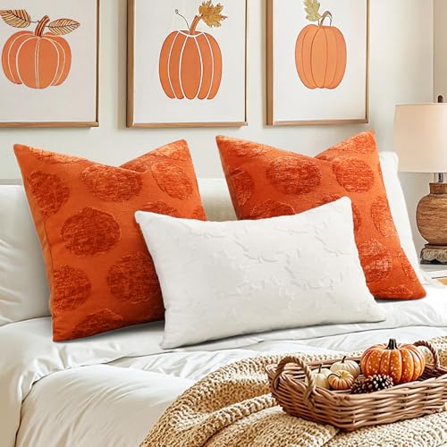 Image of decorUhome Decorative Rust Pumpkin Thanksgiving Throw Pillow Covers 18x18 Set of 2, Soft Chenille Jacquard Farmhouse Textured Pillow Covers for Couch Bed Sofa Autumn Harvest Halloween Holiday