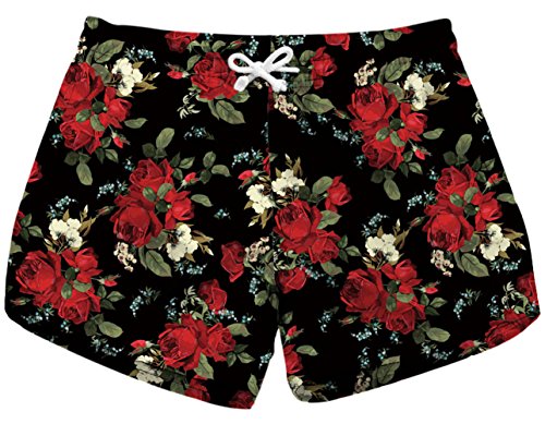 Sister Amy Women's Drawstring Elastic Waist Casual Quick Dry Print Beach Shorts D-Rose Medium