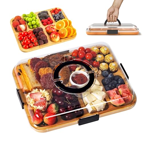 Charcuterie Board with Lid Portable Cheese Board with Dust-Proof Cover Reversible Bamboo Cutting Board & Snack Tray Easy-Open Latches for Picnics Parties Housewarming Gifts