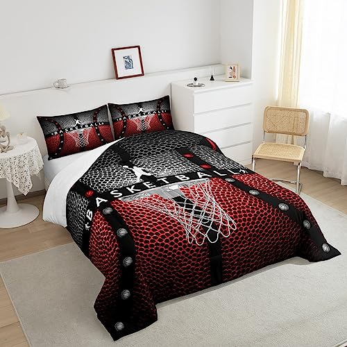 Image of Feelyou Basketball Comforter Set - Toddler Size, Black with Red Comforter, Gaming Bedding Set for Kids Boys Girls Sports Game Duvet Set Quilt