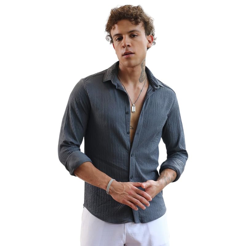 Campus Sutra Men's Hexagon-Lined Shirt | Casual Wear | Spread Collar | Long Sleeve | Button Closure | Shirt Crafted with Comfort Fit for Everyday Wear in neutral