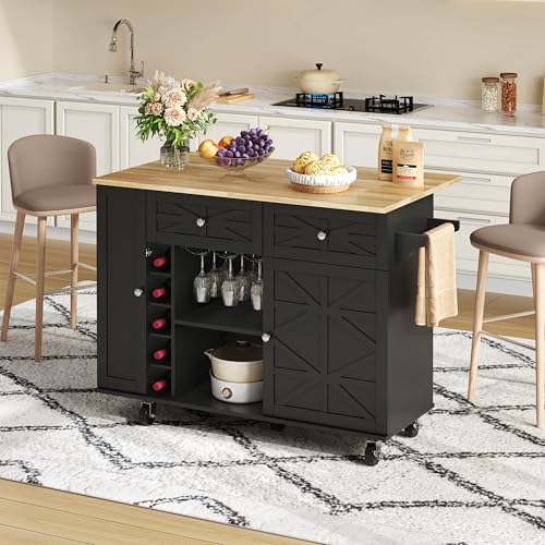 SACOOL Isla de cocina negra 120 x 45 (70) x 89 cm con encimera plegable, equipada con 5 ruedas con bloqueo, estante para puerta, botellero y soporte para cristal