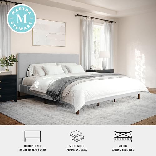 Image of Martha Stewart Britta Platform Bed with Headboard & Footboard, Faux Linen Upholstery with Piping Detail, Rounded Headboard, No Box Spring Needed, King, Gray