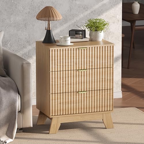 Image of Wodeer Night Stand Set 2, Bedside Table & End Table, Mid Century Modern Fluted Wood Nightstand with 3 Drawers & Metal Handles, Farmhouse Nightstand for Bedroom, Natural Oak