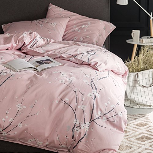 Eikei Japanese Oriental Style Cherry Red Blossom Floral Branches Print Duvet Quilt Cover 300tc Cotton Bedding 3 Piece Set (Rose Dust, King) - Thumbnail 2