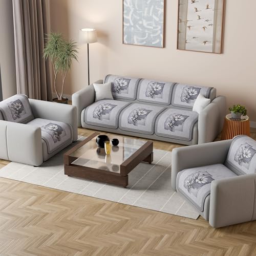 Image of Kuber Industries 5 Seater Sofa Cover | Velvet Slipcover for Living Room | Thick & Cozy | Non-Slip Comfort Sofa Cover Set | Pyramid Flower 560 - Grey & White