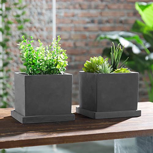 Mygift 5-Inch Gray Cement Indoor Plant Pot With Drainage, Mini Square Succulent Planter Includes Removable Tray, Set Of 2 #TOP1