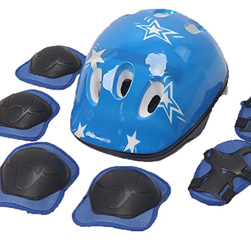 Conjunto De Proteção De Skate/Skate Com Joelheiras De Patinete De Equitação Para Capacete - Azul 7Pc