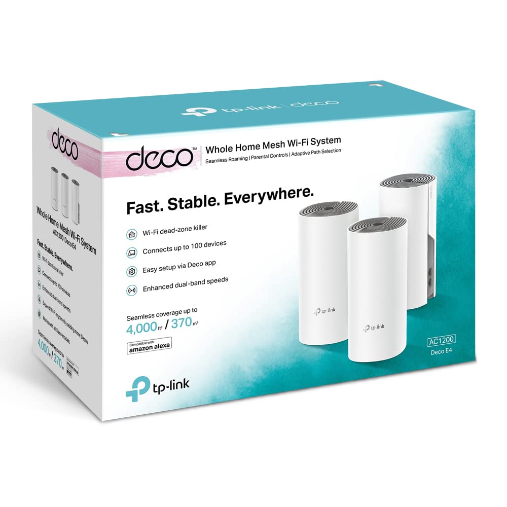 TP-Link Deco E4 Mesh WLAN Set (3er Pack), AC1200 Dual Band Router & Repeater (Reichweite bis zu 370m², ideal für große Häuser mit mehreren Geräten, 6X 100Mbit/s Ports) weiß