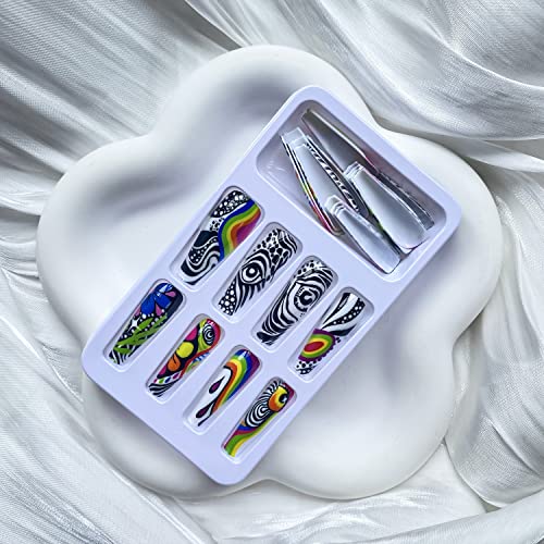 Extra Long Press On Nails Coffin Fake Nails Petal Green Leaves Colored Lines And Eyes Pattern Designs Spring False Nails Multicolour Acrylic Stick On Nails For Women Artificial Nails 24 Pcs #TOP1