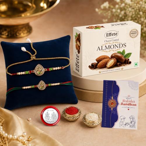 Image of DeoDap Bhaiya Bhabhi Rakhi Set of 2 with Effete Choco Coated Almonds, Peacock Design and Adjustable Lumba Rakhi, Roli Chawal, Shagun Coin and Greeting Card