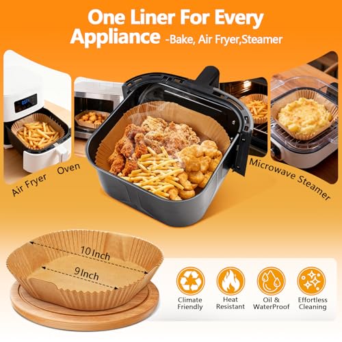 Image of 150 Pcs Unbleached Air Fryer Liners 10 Inch, Non-Stick Disposable Parchment Paper Squares for Air Fryer, Microwave, Steamer & Oven - Oil-Proof, Waterproof, Ashesive-Free (9 inch Bottom)