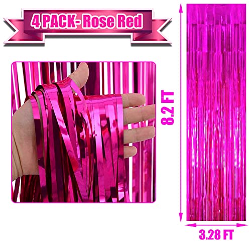 Image of 4 Pack Fuchsia Foil Fringe Curtain Backdrop,3.28Ft x 8.2Ft Metallic Tinsel Foil Fringe Streamer Curtains for Party,Photo Booth Props,Birthday,Graduation Decoration Party Supplies