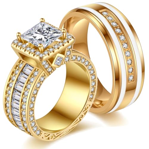 Couple Rings His Her Wedding Ring for Him and Her Matching Rings Yellow Gold Plated AAA CZ Ring