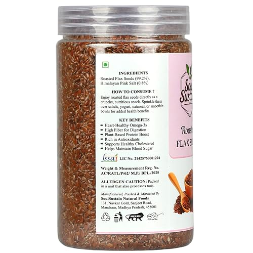 Image of SoulSustain Roasted Flax Seeds (420 GM) | Plant Protein & Fiber Snack | Omega 3 Nutrient Seeds | Gluten Free Vegan Snack for Smoothies, Baking, Salad Topping, Breakfast, Travel, Workout Energy