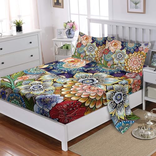 Nttopship Bohemian 4 Pieces Bed Sheets Soft Washed Microfiber Boho Floral Bedding Set Fitted Sheet Deep Pockets Top Flat Sheet Room Decor Colorful Flowers Queen Size With 2 Pillowcases For Kids Boys And Girls thumb #1