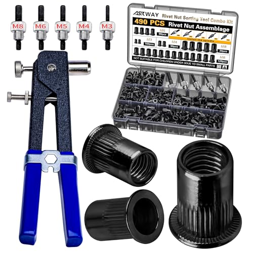 ASKWAY Rivet Nut Tool Kit, 490Pcs Black Zinc Metric Rivet Nut Combination