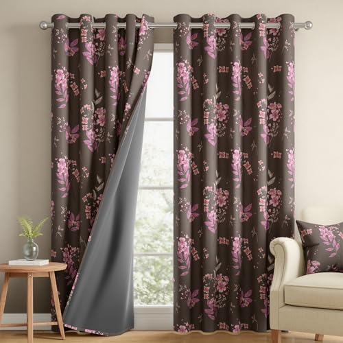 Image of Wakefit Printed Blackout Long Door Curtains 9 Feet | Set of 2 | Upto 99% Room Darkening | Double Layered Fabric | Thermal Insulated & Noise Reducing Curtains for Living Room| Floral Brown