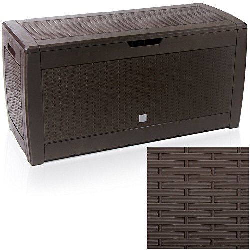 EAZYGOODS Extra Large Capacity Plastic Garden Storage Box Chest Container, Weatherproof with Durable & Lockable Sit On Lid 310 L (Rattan Design, Brown (rattan))