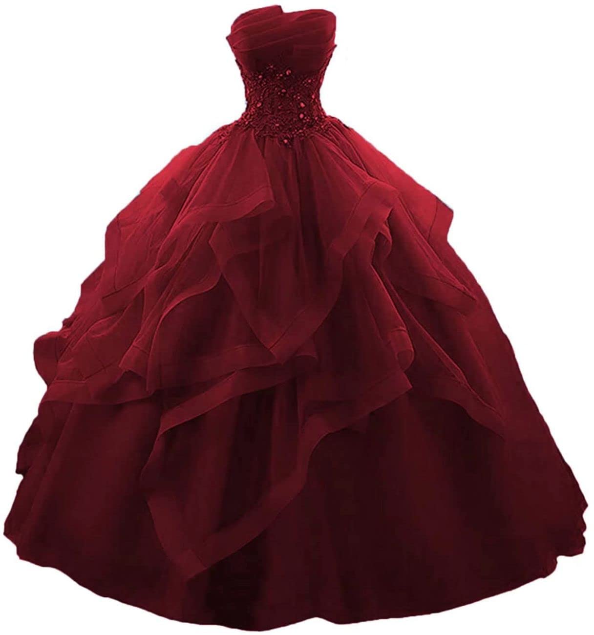 Long Ruffles Ball Gown Quinceanera Dresses Strapless Lace Tulle Beaded Princess Evening Gown Burgundy UK8