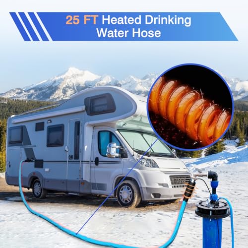 Image of 25FT Heated Drinking Water Hose for RV, Features Water Line Freeze Protection Down to -40F /-40C & Energy-Saving Thermostat, Electrically Heated Hose for RV, Garden, Boat
