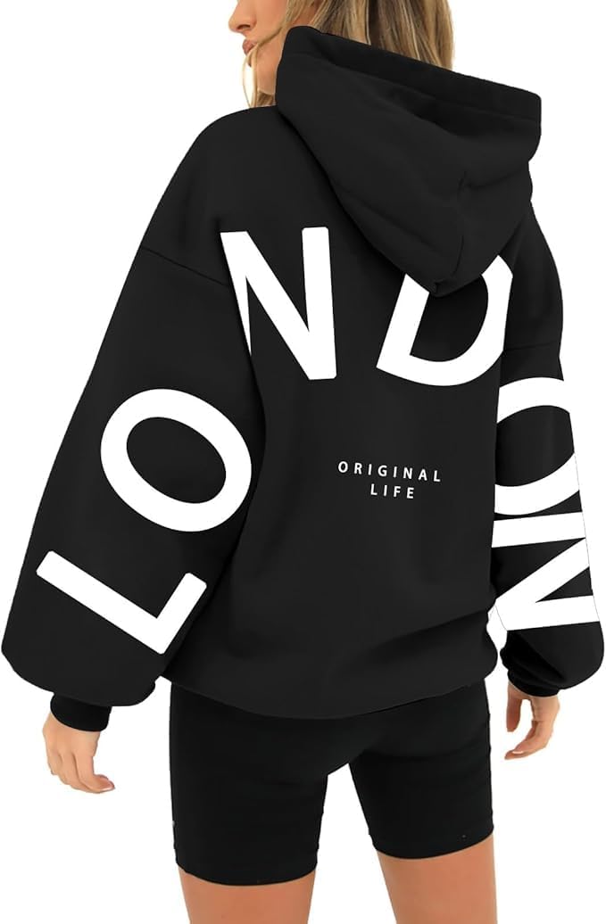London Hoodie Women’s Oversized Sweatshirts, Letter Print Pullover Hoodies with Pocket, UK London Hoodie Women’s Oversized Sweatshirts, Letter Print Pullover Hoodies with Pocket, UK