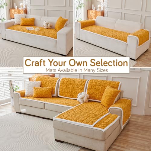 Image of HOKIPO 'Italian Caelora' Luxury Jacquard Plush Sofa Cover Mat | Make Your Own Sofa Cover Set, Mat Length 70(D) x 120(L) cm, Honey Yellow (AR-5956-YLW)