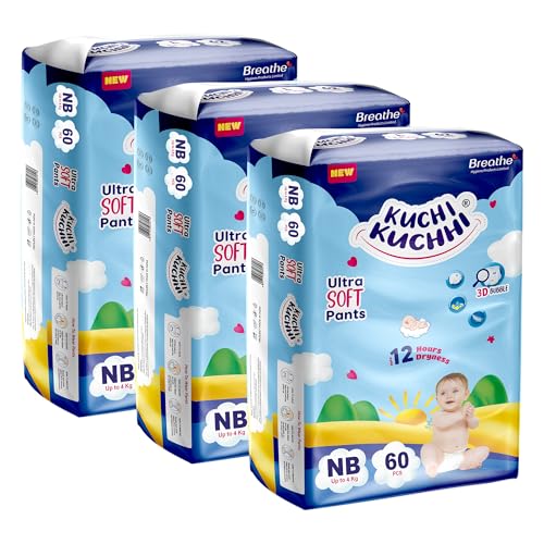 Image of Premium super soft baby diaper with a 3D bubble top and super absorbent core | Added active leak barriers and wetness indicators - NB Size, 180 Count