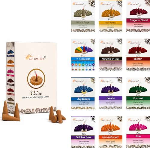 ARO VATIKA Vedic Natural Incense Cones Variety Pack of 120 12 Flavored Premium Non-Toxic Dhoop Cones for Meditation Yoga Spiritual Healing Relaxation & Home Fragrance Burn Time 25 Mins