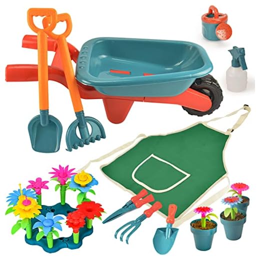 unanscre Gardening Tool Set for Kids, with Toddler Wheelbarrow, Watering Can, Spray Bottle, Double Rake, Shovel, Trowel, Pruner, Flowers Kit, Apron, Pretend Play Garden Toys for Age3+ Outdoor Yard