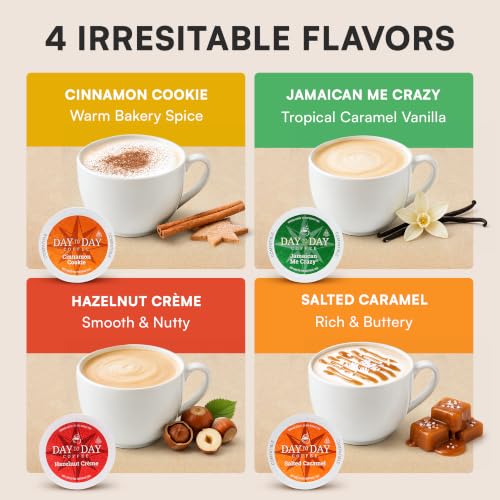 Image of Day To Day Coffee Flavored Variety Pack, 120 Count Single Serve Pods, 4 Coffee Blends (Hazelnut Creme, Jamaican Me Creme, Cinnamon Cookie, Salted Caramel), Compatible with Keurig K-Cup Brewers, No Added Sugar