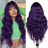 Fancy Hair Purple Wig with Bangs Ombre with Dark Roots Heat Resistant Synthetic Wavy Curly Hair for Cosplay Women Daily Party Use 26 Inches