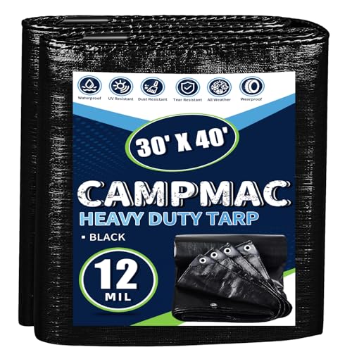 CAMPMAC Black Tarps Heavy Duty Waterproof 30x40, 12 Mil Thick, High Durability, Rip and Tear Resistant with Metal Grommets Every 20 Inches