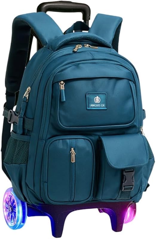 Mochila Escolar com Rodinhas, Unissex, Reforçada, Múltiplos Compartimentos, com Alça de Carrinho regulavel, para Crianças 6-12 Anos (Azul.)