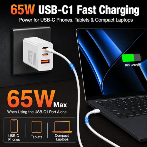 Image of 65W Super Fast Charger Typc-C for iPhone 17 /16 /15 Pro Max,Plus, iPad Air,MacBook, 3-Port 100W(in Total) Charging Block PD /QC 3.0 for Samsung Galaxy S26 Ultra,Android, 3 /3 /6 /6 /10 /10FT USBC Cable Cord