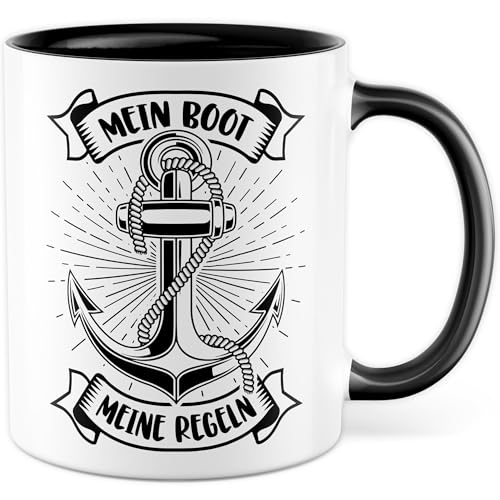 Bootsbesitzer Tasse mit Spruch - Geschenk Mein Boot Meine Regeln - Kaffeetasse aus Keramik 330ml - Geschenkidee Kaptiän Hobby Bootsliebhaber Schiff Schifffahrt Kaffee-Becher