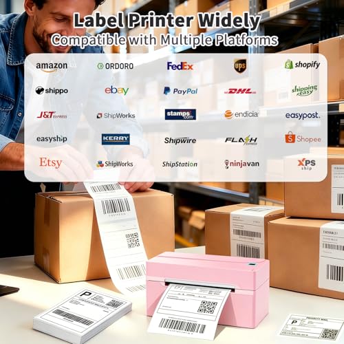 HKHKPI Shipping Label Printer, 4X6 Bluetooth Thermal Label Printer for Shipping Packages Small Business, Thermal Printers Compatible with Android iPhone Windows Mac USPS Amazon Shopify Etsy, Pink — view 6