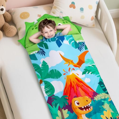Decalsweet Schlafsack Kinder Doppelter Reißverschluss Warm, Faltbare Kinderschlafsack mit Kissen Abnehmbar für Mädchen Jungen, Schlafsack Kuscheltier für Outdoor Indoor Camping, 150×60cm Dinosaurier