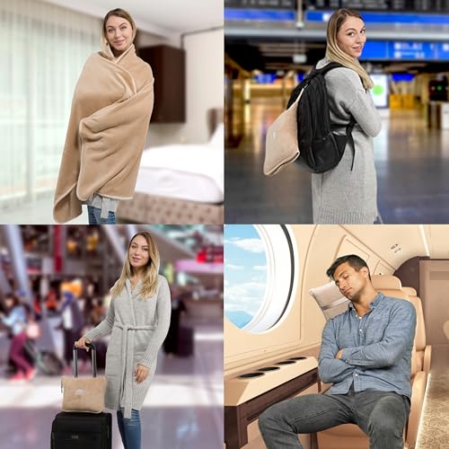 Image of BlueHills 2-Pack Premium Soft Plush Travel Blanket Pillow Airplane Essentials for Two in Bag with Hand Luggage Strap and Backpack Clip Compact Flight Traveling Accessories Plane Blankets Beige T205