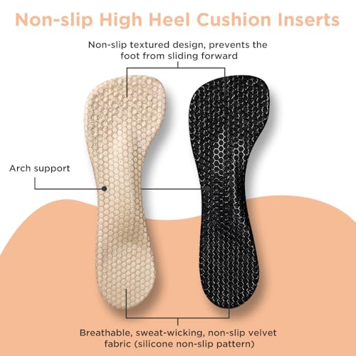 Image of 3 /4 High Heel Cushion Insoles, Self-Adhesive Arch Support Inserts for Flat Feet and Arch Pain Relief, Gel Shoe Inserts for Sandal, Flats and High Heels (2 Pairs, Apricot+Black, Women's 5-8.5)