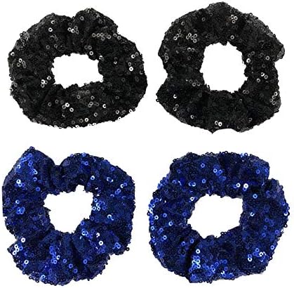 4 Pcs Sequin Hair Scrunchie Hair Bobbles Metallic Elastics Ponytail Holders Hair Wrist Ties Bands Cloth Scrunchies for Show Gym Dance Party Club Girl Women (Black+Blue)