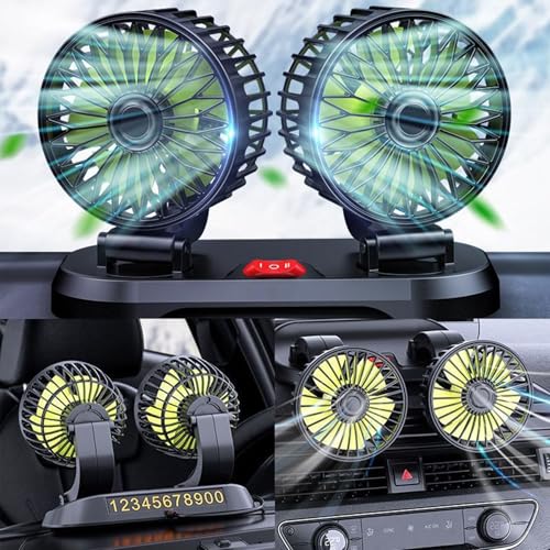 Sunshine smile Auto Ventilator für Rücksitz,12V Doppelkopf Auto Lüfter,Doppelkopf 360° drehbar Auto Fan Ventilator,2 Geschwindigkeiten Kühlender Ventilator Wohnmobil,Mini Ventilator Auto Innenraum