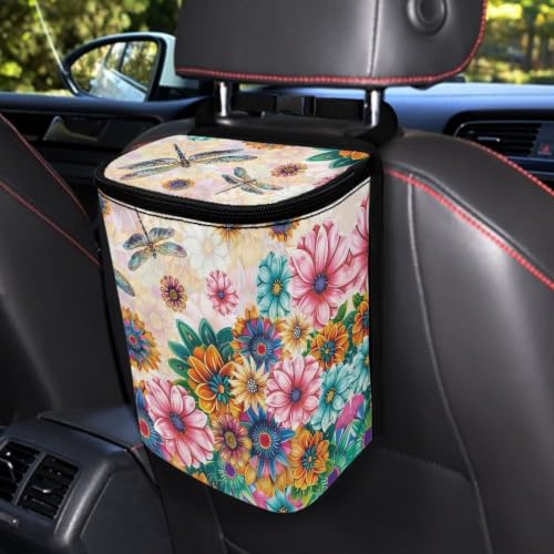 Image of Bohemian Flower Dragonfly Car Garbage Can with Adjustable Straps Car Hanging Trash Can with Lid Multipurpose Portable Trash Bag for Cars SUVs, Trucks