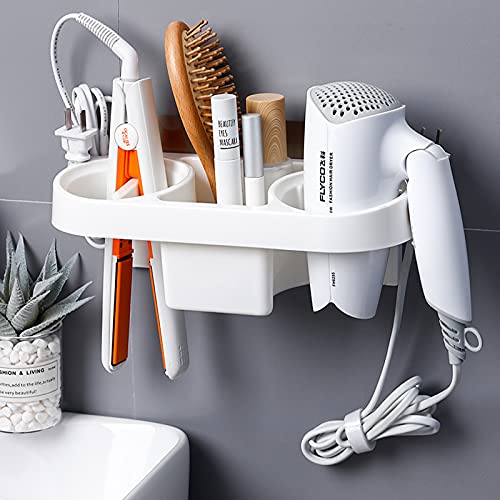 Wandmontierter Haartrocknerhalter, selbstklebend, kein Bohren, multifunktionale, platzsparende Aufbewahrung für Badezimmer mit Steckschnalle, Haartrockner/Zahnbürste/Kosmetik/Lockenstab (Weiß) Cover