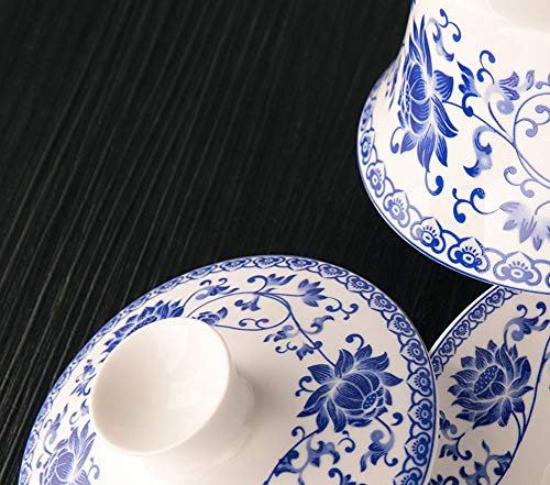 Image of Liang baobao Traditional Gaiwan Tea Set with Lid and Saucer Blue Lotus Design Tea Cup Flower Porcelain Teacups 10oz