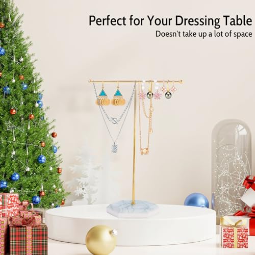 Minicoco Jewellery Organiser Stand Metal T-Bar Jewelry Stand Necklace Display Stand Earrings Display Holder Hanging Pendant Rack with Marble Pattern Round Tray for Bracelets Rings Keys (Gold + White) - Image 4