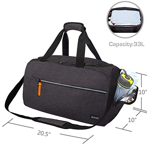 ROTOT Gym Sport Duffle Bag, Men Women Duffel with Waterproof Shoe Compartment Pouch, Weekender Travel with a Water-resistant Insulated Wet Pocket Cooler (Black, 33L)