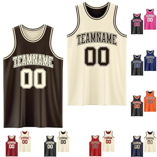 Brown and Cream Kids Basketball Jerseys Custom Name Number, Personalized Men Youth Boys Sleeveless Reversible Styles Uniforms, Create Your Own Sports Team Tee Shirts Printed Kelly Green Name Number