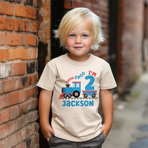 Personalized Name 2nd Birthday Boys Toddler Shirt - Custom Kids Name Choo Choo I'm Two Train - Turning Two 2 Years Old - Natural Toddler Youth Graphic Tee3
