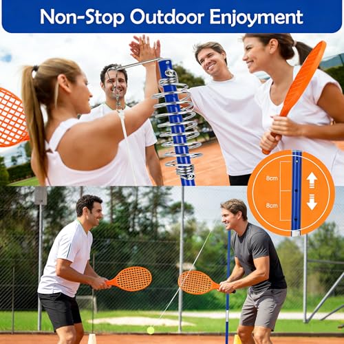 COSTWAY Portable Tetherball Set, 3-Level Height-Adjustable Swing Ball Family Game Set with Tennis Ball, Spiral Coil, Swivel Arm and 2 Bats, Outdoor Tetherball Equipment - Image 5